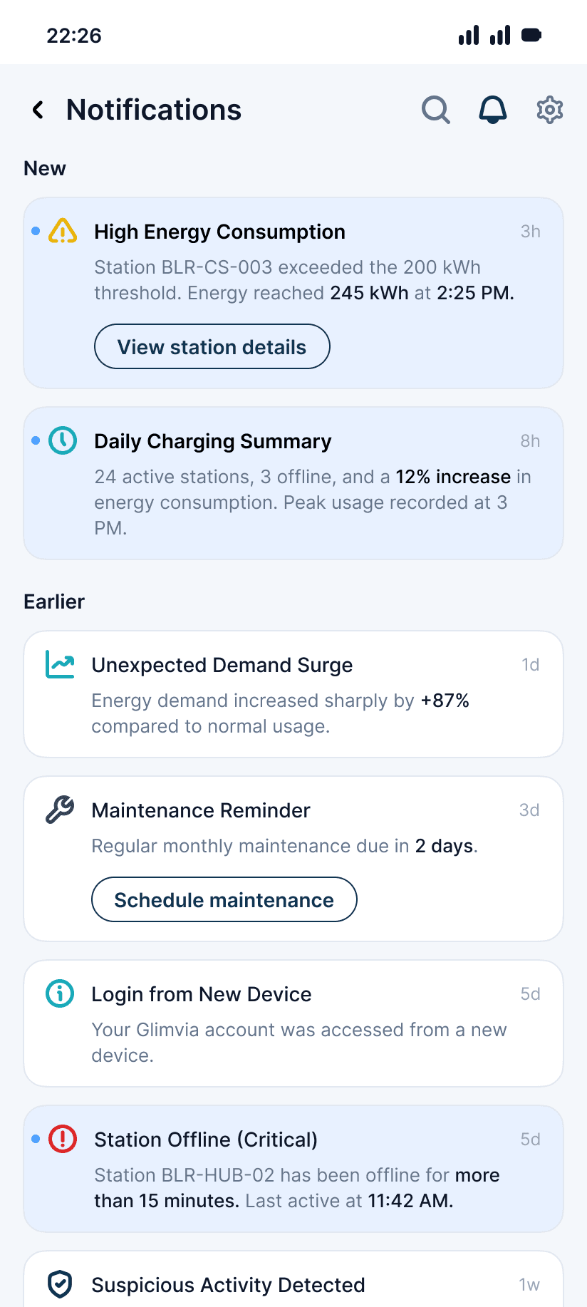 Glimvia push notifications and alerts screen